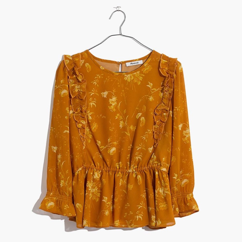 Madewell Ruffle-Shoulder Peplum Top in Tonal Botanical